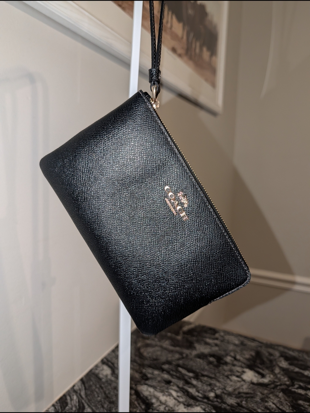 Coach Black Pebbled Leather Wristlet with Gold Logo